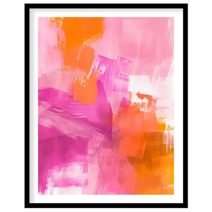 This abstract digital painting bursts with vibrant energy, featuring bold strokes of pink, orange, … for area