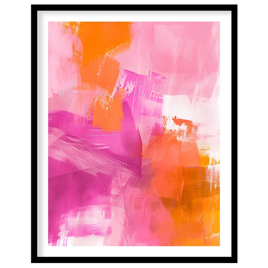 This abstract digital painting bursts with vibrant energy, featuring bold strokes of pink, orange, … for area