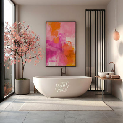 This abstract digital painting bursts with vibrant energy, featuring bold strokes of pink, orange, … for bathroom