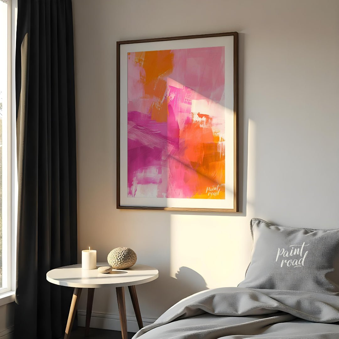 This abstract digital painting bursts with vibrant energy, featuring bold strokes of pink, orange, … for bedroom