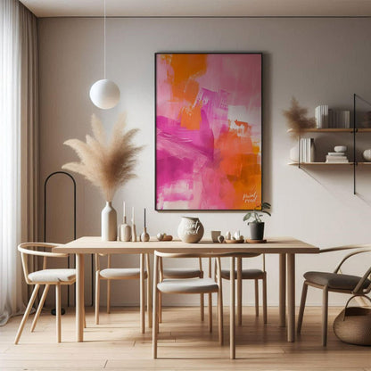 This abstract digital painting bursts with vibrant energy, featuring bold strokes of pink, orange, … for dining room