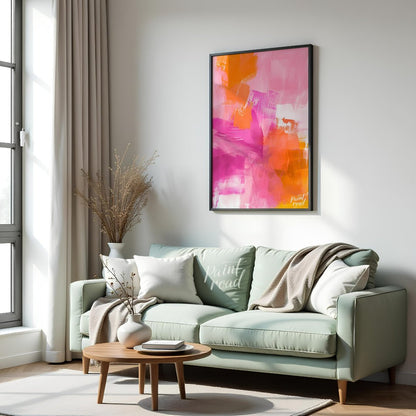 This abstract digital painting bursts with vibrant energy, featuring bold strokes of pink, orange, … for living room