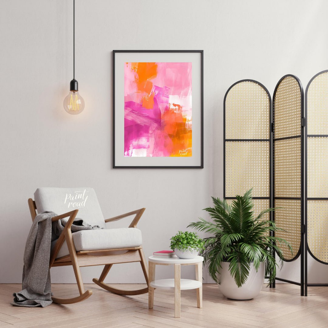 This abstract digital painting bursts with vibrant energy, featuring bold strokes of pink, orange, … for living room