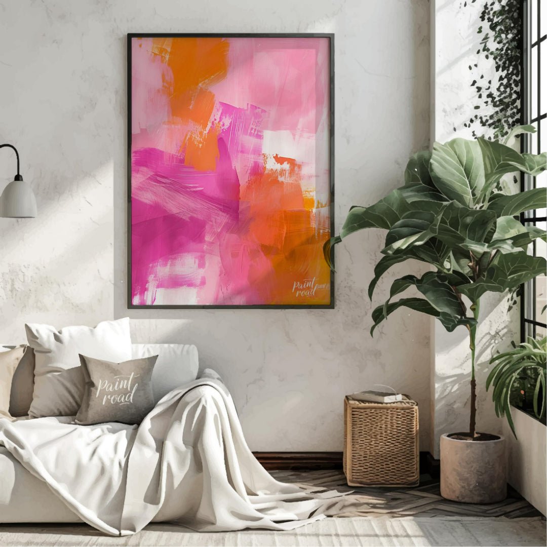 This abstract digital painting bursts with vibrant energy, featuring bold strokes of pink, orange, … for living room