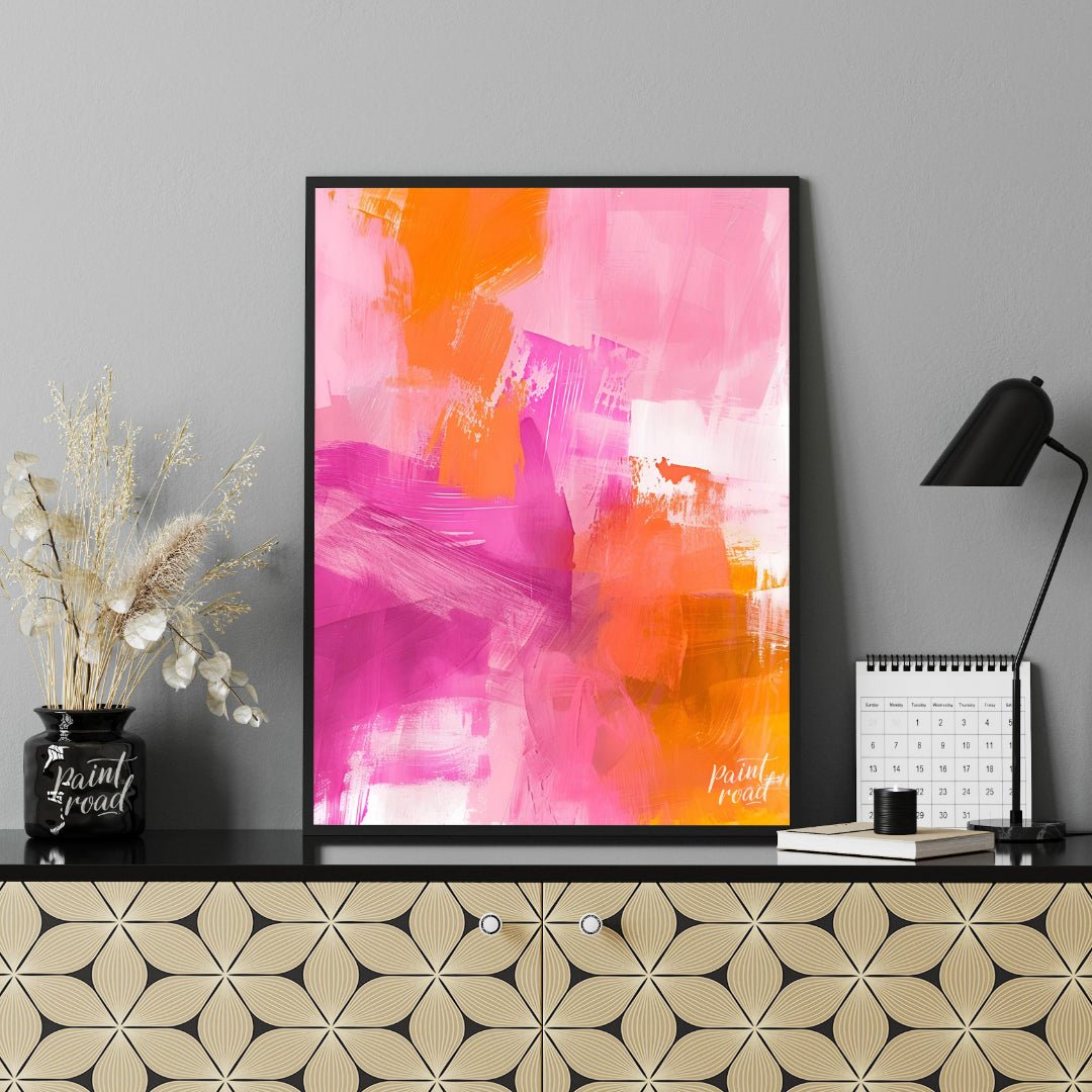 This abstract digital painting bursts with vibrant energy, featuring bold strokes of pink, orange, … for office