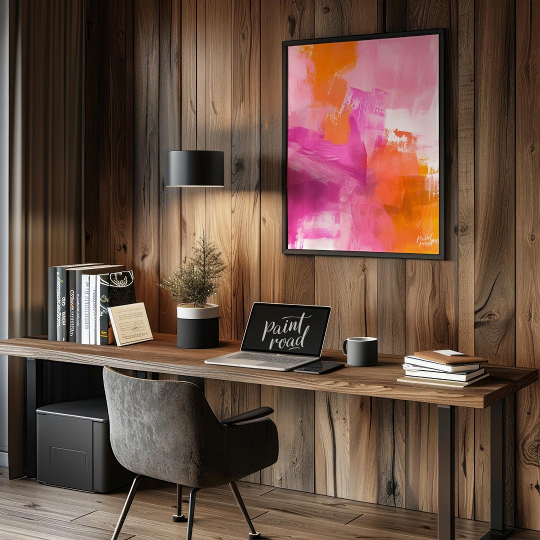This abstract digital painting bursts with vibrant energy, featuring bold strokes of pink, orange, … for office