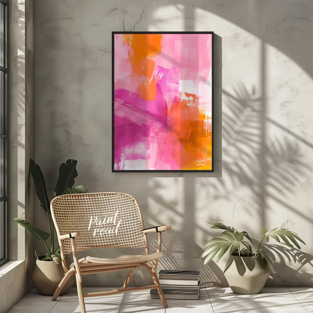 This abstract digital painting bursts with vibrant energy, featuring bold strokes of pink, orange, … for other