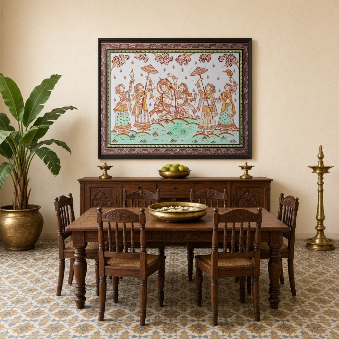 Immerse yourself in the ethereal beauty of Radha and Krishna depicted in this vibrant Pattachitra for Dining
