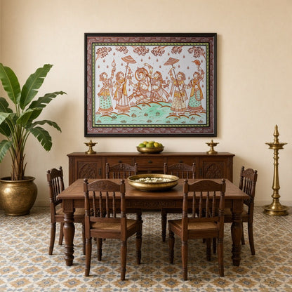 Immerse yourself in the ethereal beauty of Radha and Krishna depicted in this vibrant Pattachitra for Dining
