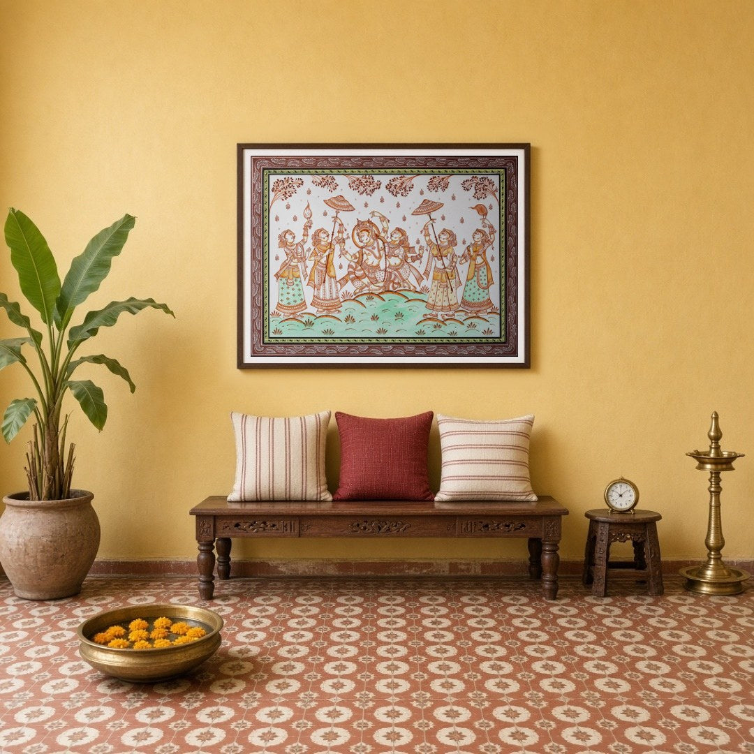 Immerse yourself in the ethereal beauty of Radha and Krishna depicted in this vibrant Pattachitra for Entrance
