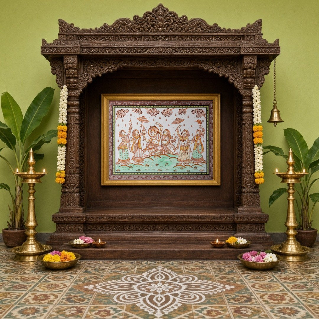 Immerse yourself in the ethereal beauty of Radha and Krishna depicted in this vibrant Pattachitra for Home Temple