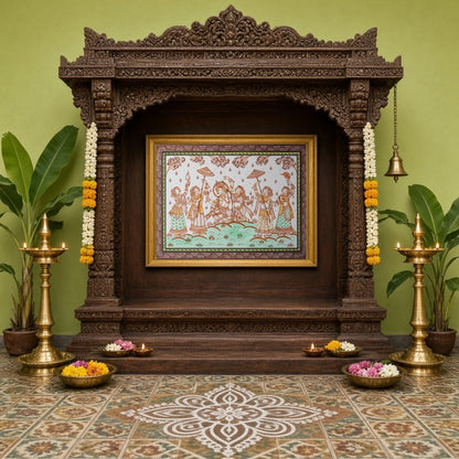 Immerse yourself in the ethereal beauty of Radha and Krishna depicted in this vibrant Pattachitra for Home Temple