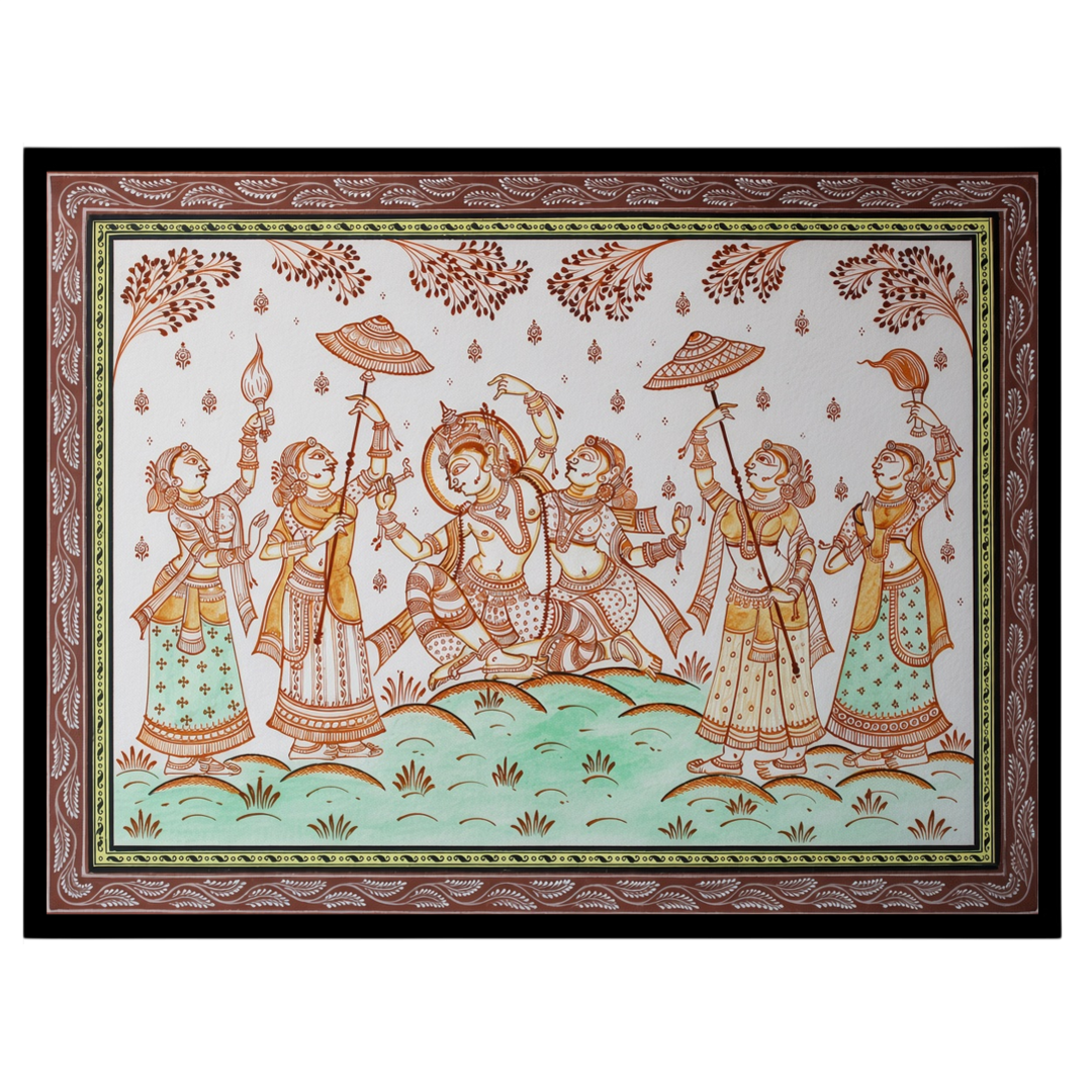 Immerse yourself in the ethereal beauty of Radha and Krishna depicted in this vibrant Pattachitra for interior