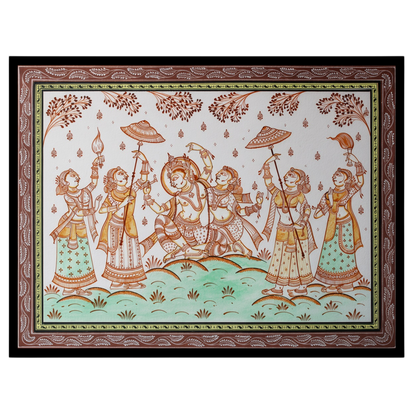 Immerse yourself in the ethereal beauty of Radha and Krishna depicted in this vibrant Pattachitra for interior