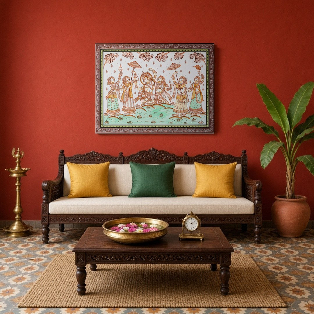 Immerse yourself in the ethereal beauty of Radha and Krishna depicted in this vibrant Pattachitra for Living Room