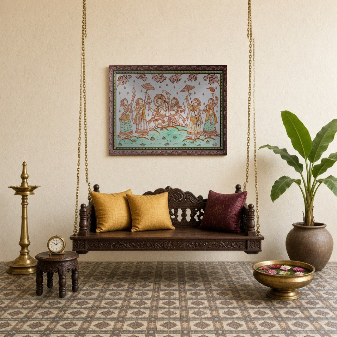 Immerse yourself in the ethereal beauty of Radha and Krishna depicted in this vibrant Pattachitra for Sitting Lounge