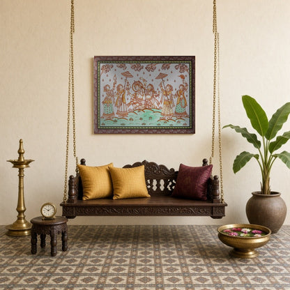 Immerse yourself in the ethereal beauty of Radha and Krishna depicted in this vibrant Pattachitra for Sitting Lounge