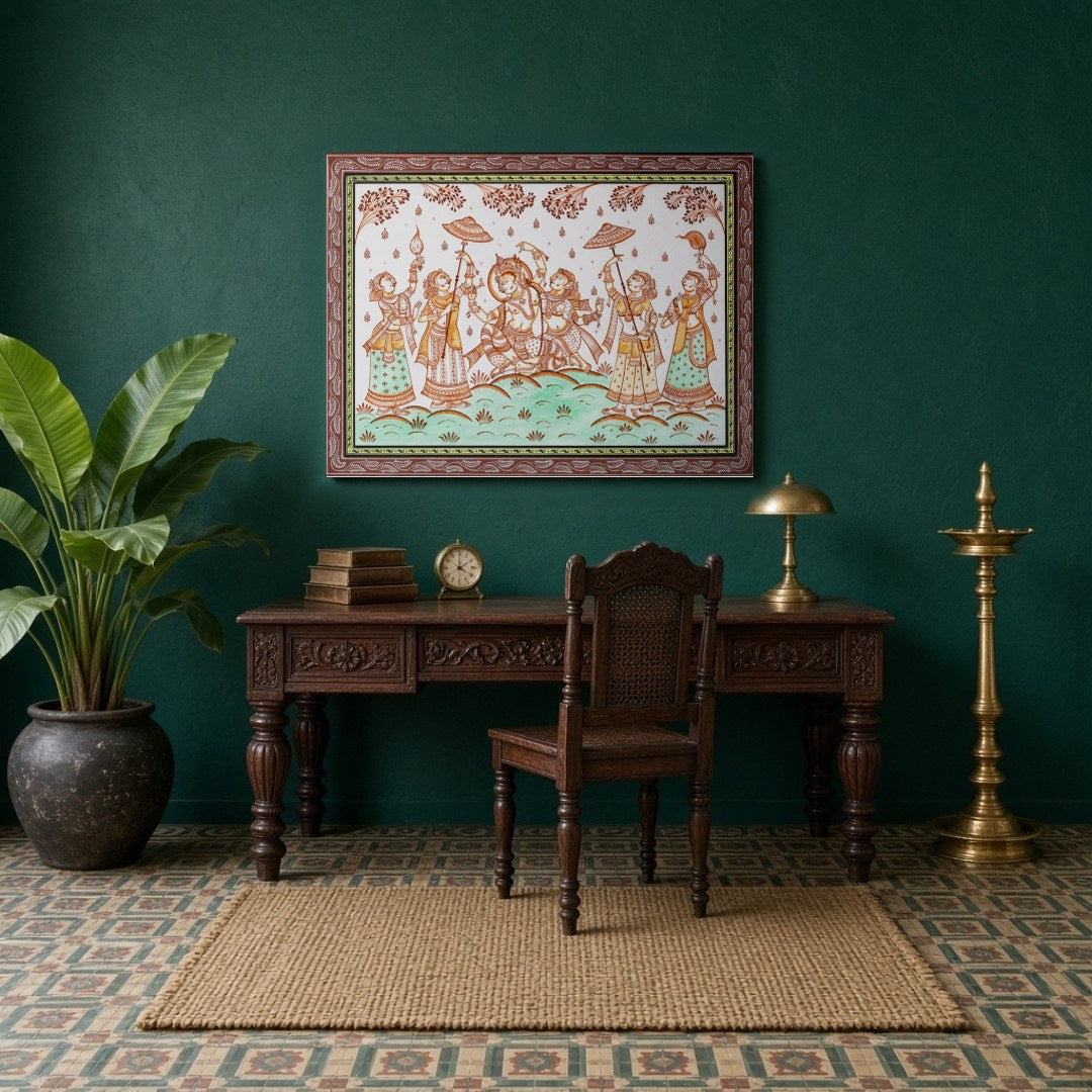 Immerse yourself in the ethereal beauty of Radha and Krishna depicted in this vibrant Pattachitra for Study