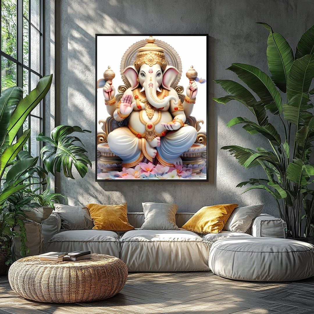 This exquisite artwork features a serene depiction of a divine elephant deity, seated majestically for Balcony