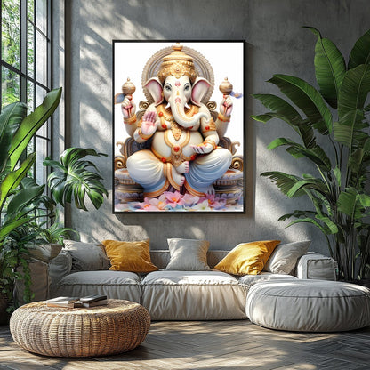 This exquisite artwork features a serene depiction of a divine elephant deity, seated majestically for Balcony