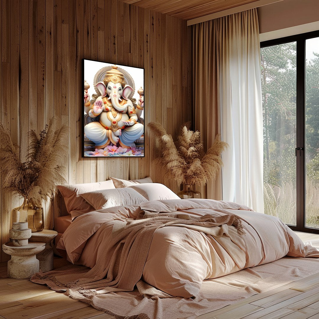 This exquisite artwork features a serene depiction of a divine elephant deity, seated majestically for Bedroom