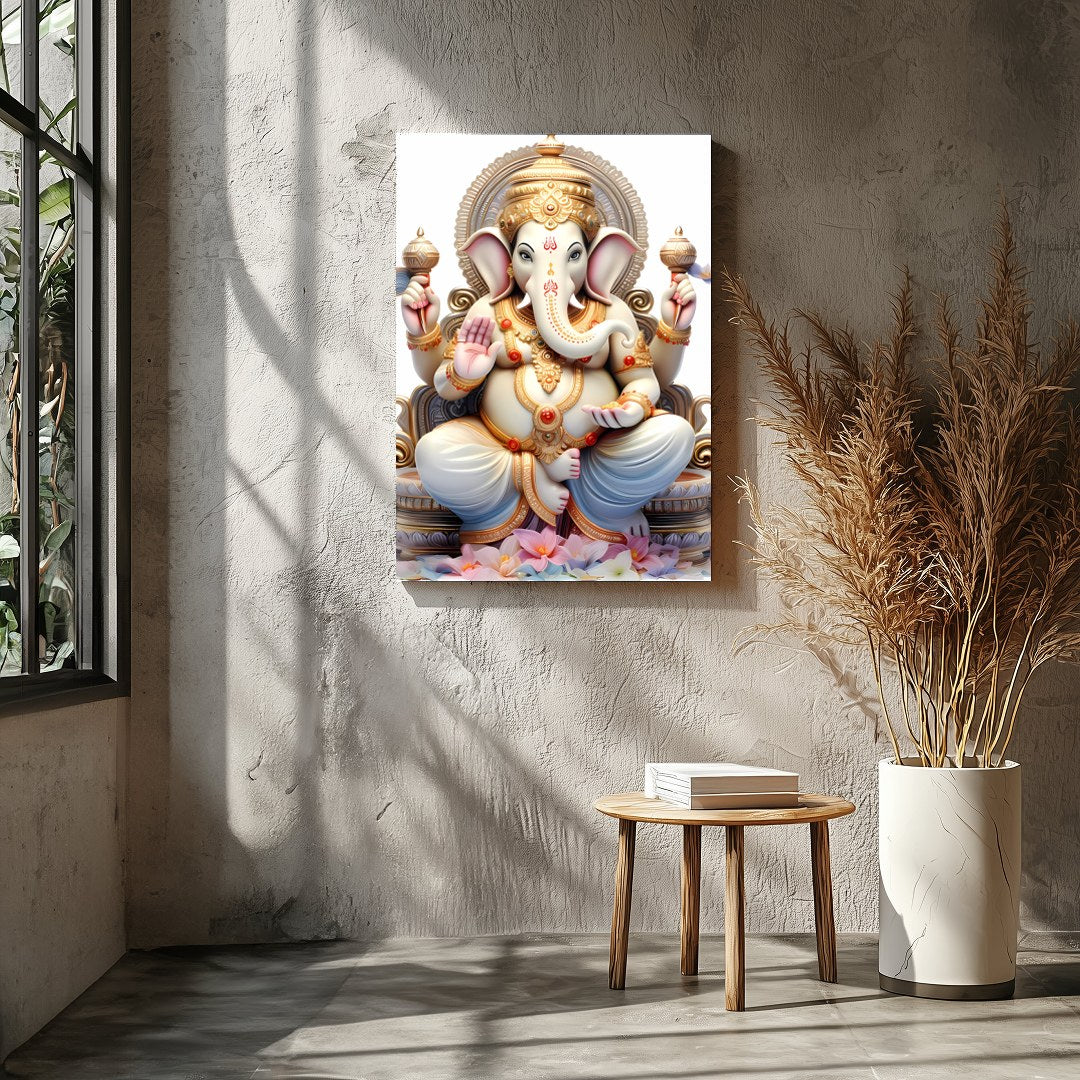 This exquisite artwork features a serene depiction of a divine elephant deity, seated majestically for Entrance