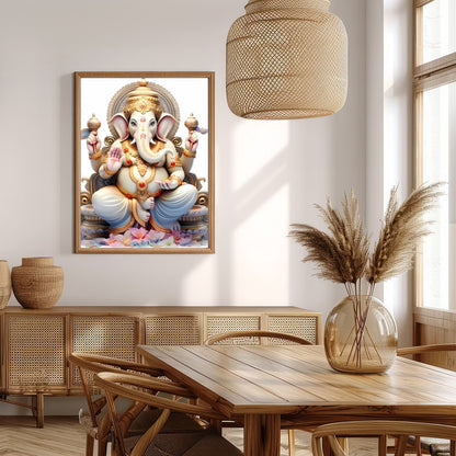This exquisite artwork features a serene depiction of a divine elephant deity, seated majestically for Extra Kitchen