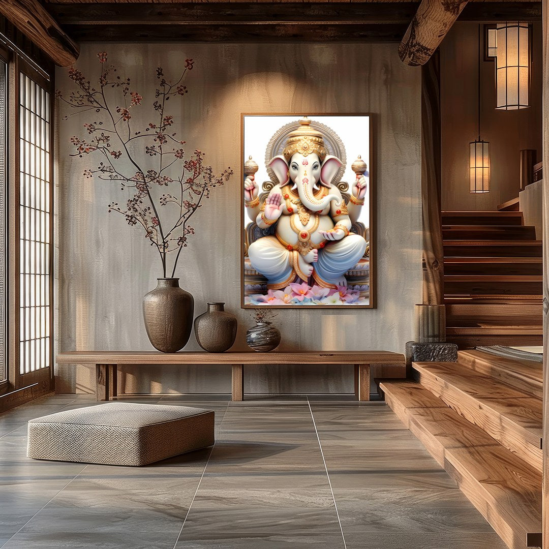 This exquisite artwork features a serene depiction of a divine elephant deity, seated majestically for Hall