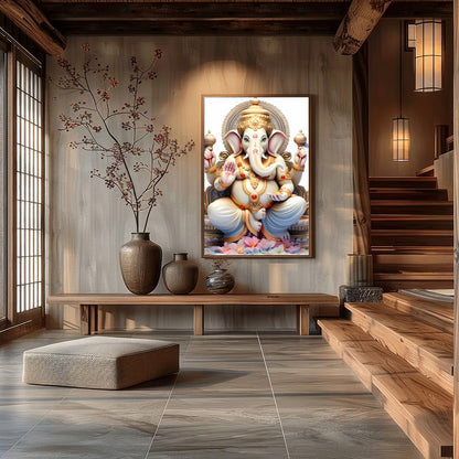 This exquisite artwork features a serene depiction of a divine elephant deity, seated majestically for Hall