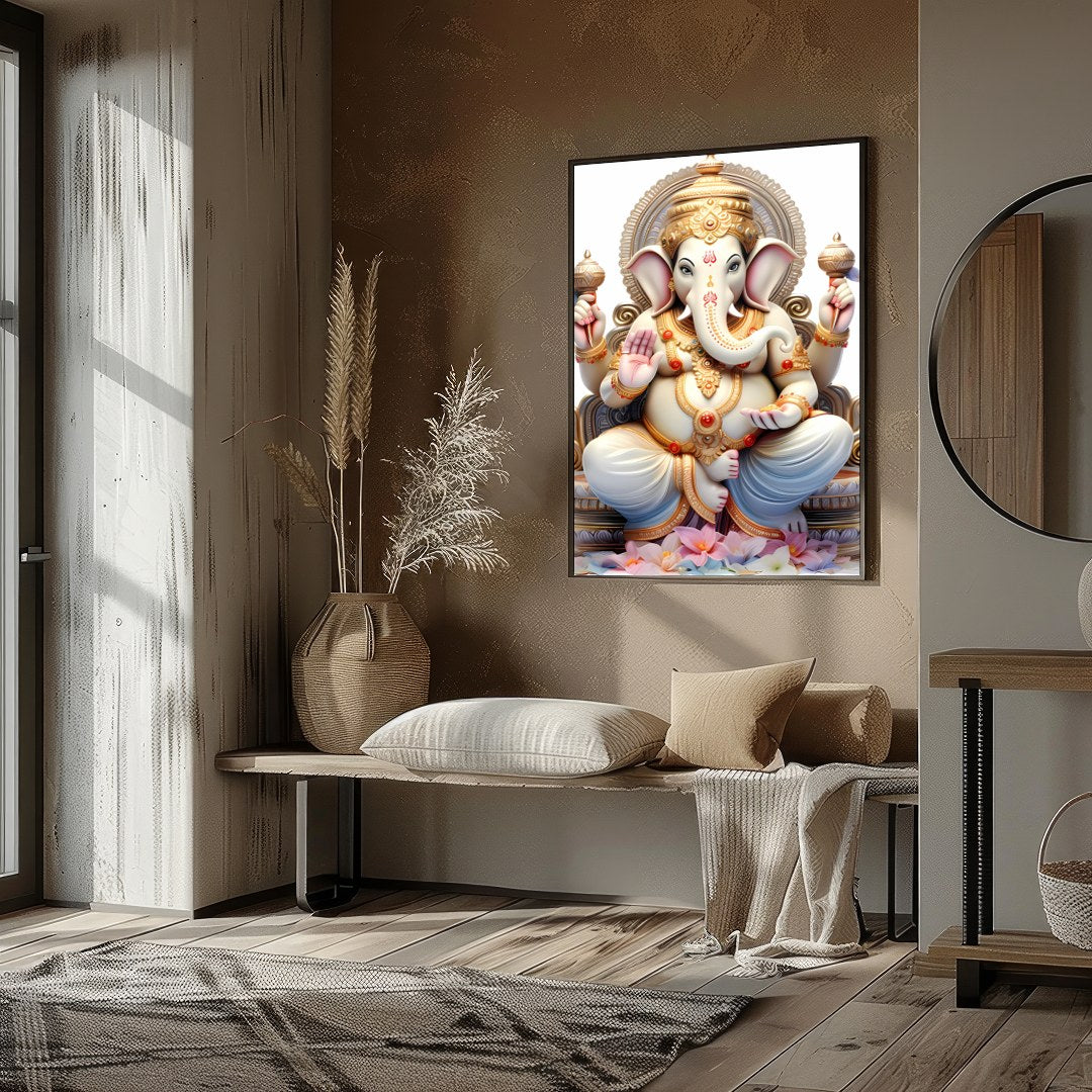 This exquisite artwork features a serene depiction of a divine elephant deity, seated majestically for kitchen