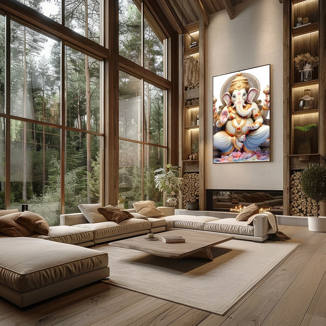 This exquisite artwork features a serene depiction of a divine elephant deity, seated majestically for Living Room