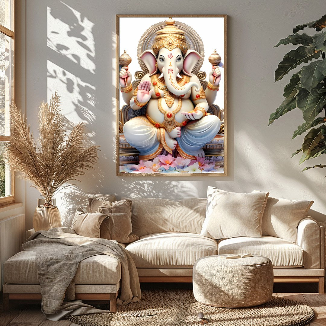 This exquisite artwork features a serene depiction of a divine elephant deity, seated majestically for Sitting Area