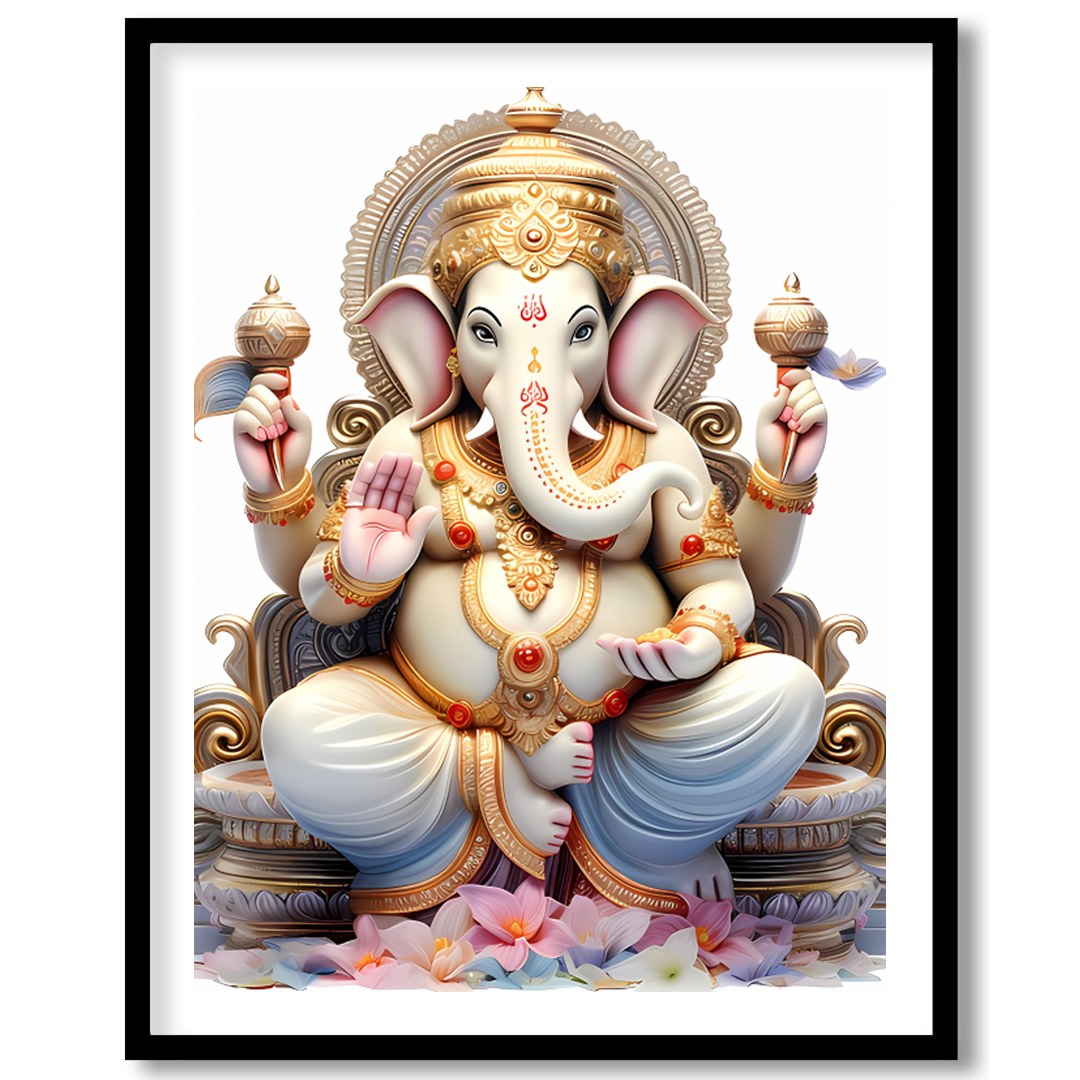 This exquisite artwork features a serene depiction of a divine elephant deity, seated majestically for sweet-home