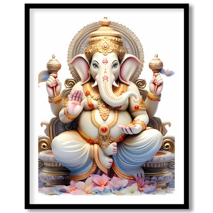 This exquisite artwork features a serene depiction of a divine elephant deity, seated majestically for sweet-home