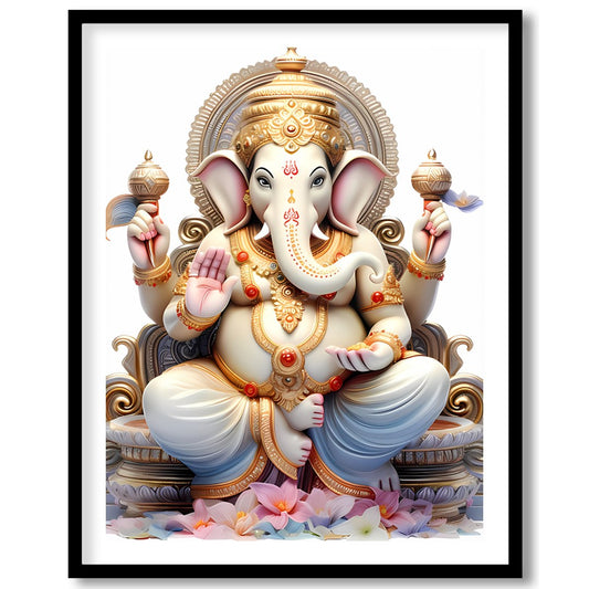 This exquisite artwork features a serene depiction of a divine elephant deity, seated majestically for sweet-home
