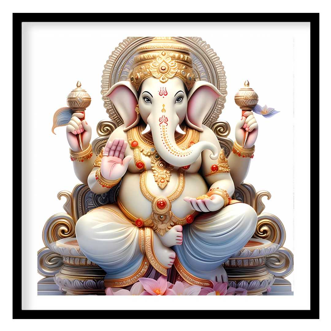 This exquisite artwork features a serene depiction of a divine elephant deity, seated majestically for sweet-home
