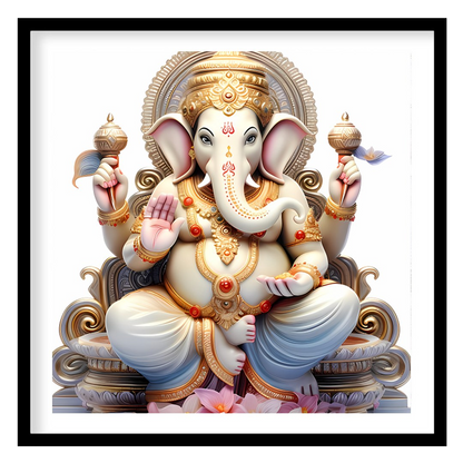This exquisite artwork features a serene depiction of a divine elephant deity, seated majestically for sweet-home
