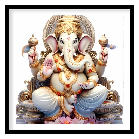 This exquisite artwork features a serene depiction of a divine elephant deity, seated majestically for sweet-home