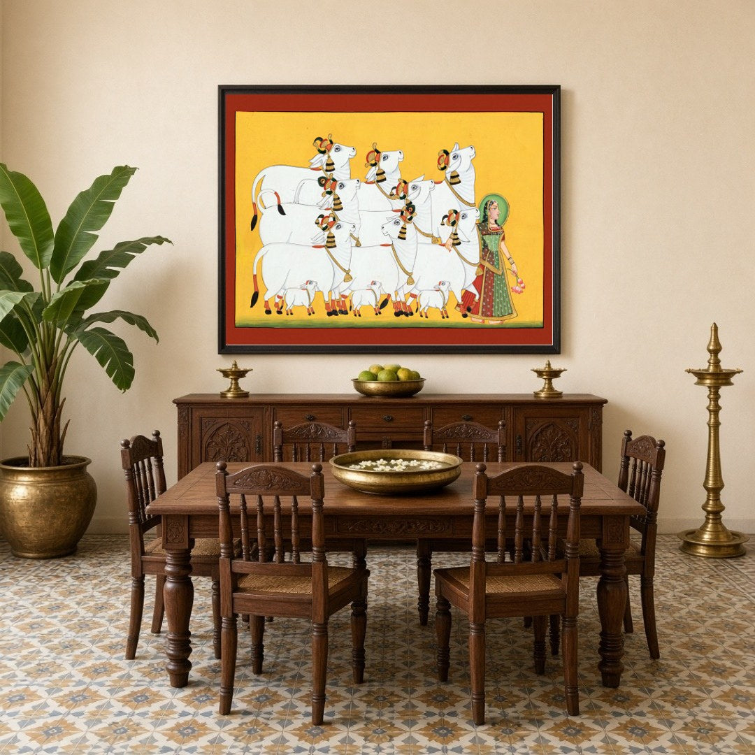Experience the serene beauty of 'Radiant Ensemble,' a captivating Pichwai art print showcasing for Dining