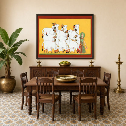Experience the serene beauty of 'Radiant Ensemble,' a captivating Pichwai art print showcasing for Dining