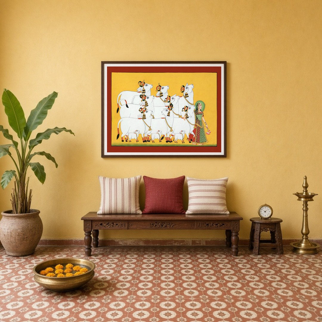 Experience the serene beauty of 'Radiant Ensemble,' a captivating Pichwai art print showcasing for Entrance