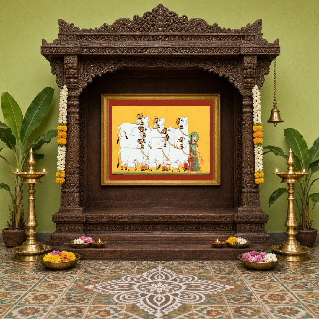 Experience the serene beauty of 'Radiant Ensemble,' a captivating Pichwai art print showcasing for Home Temple