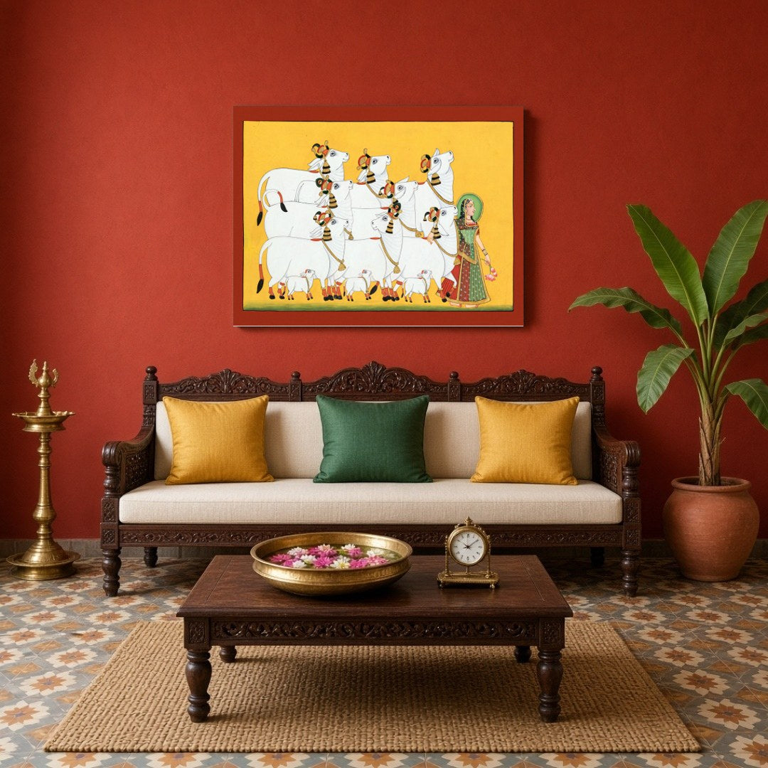 Experience the serene beauty of 'Radiant Ensemble,' a captivating Pichwai art print showcasing for Living Room
