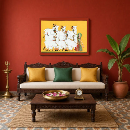 Experience the serene beauty of 'Radiant Ensemble,' a captivating Pichwai art print showcasing for Living Room