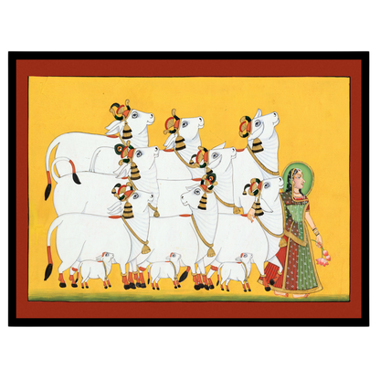 Experience the serene beauty of 'Radiant Ensemble,' a captivating Pichwai art print showcasing for place