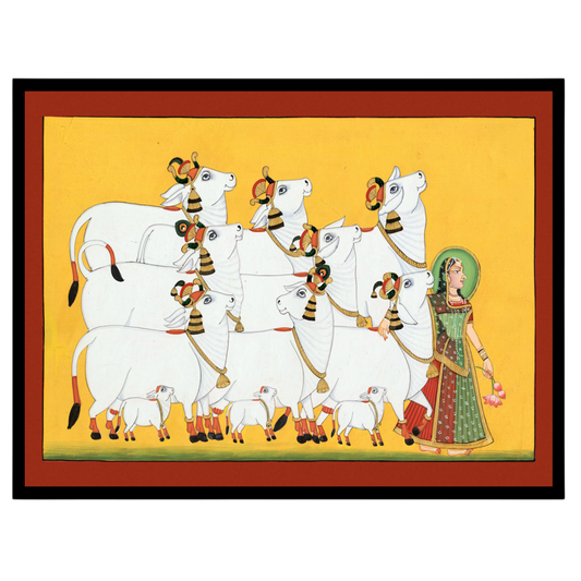 Experience the serene beauty of 'Radiant Ensemble,' a captivating Pichwai art print showcasing for place