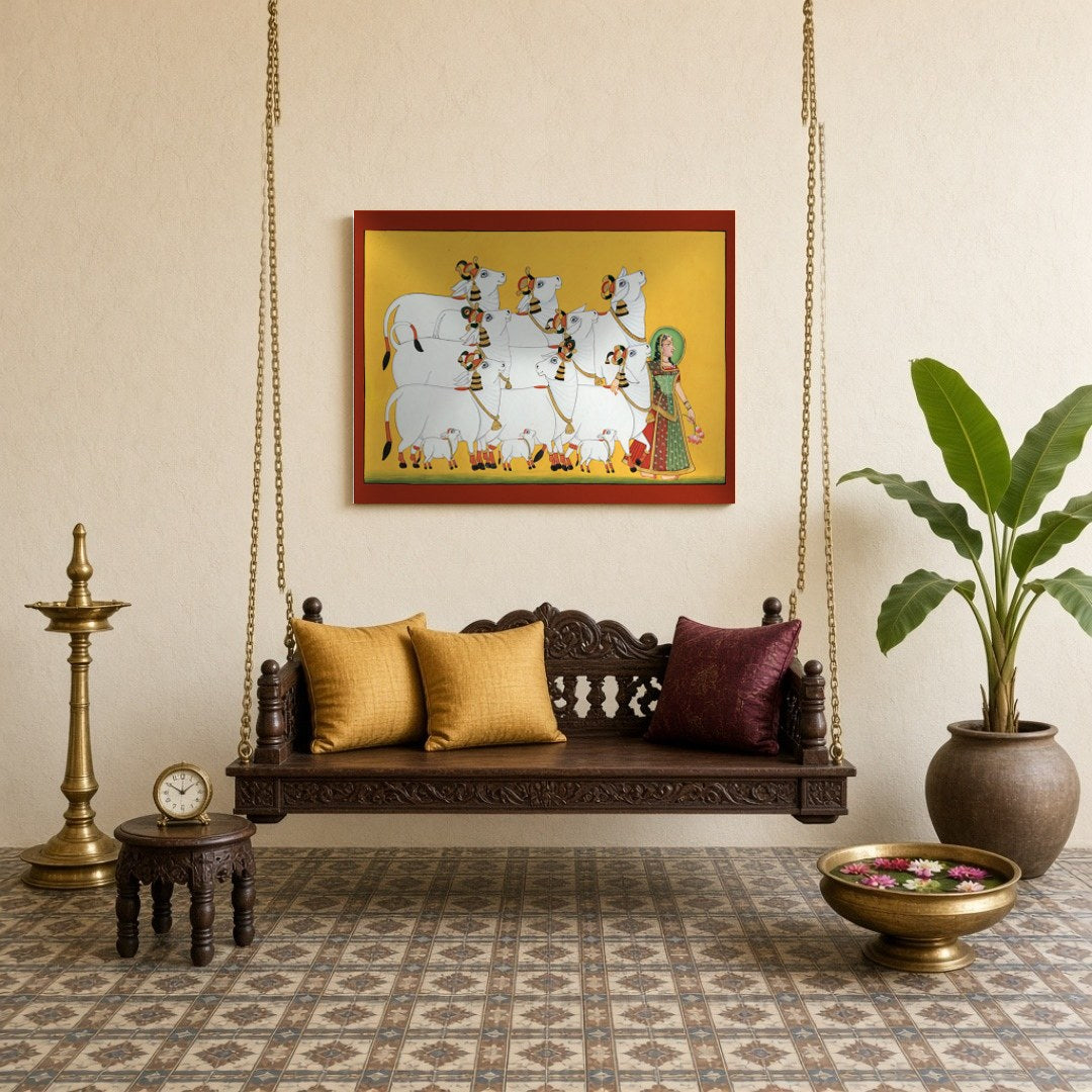 Experience the serene beauty of 'Radiant Ensemble,' a captivating Pichwai art print showcasing for Sitting Lounge
