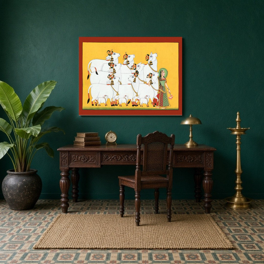 Experience the serene beauty of 'Radiant Ensemble,' a captivating Pichwai art print showcasing for Study