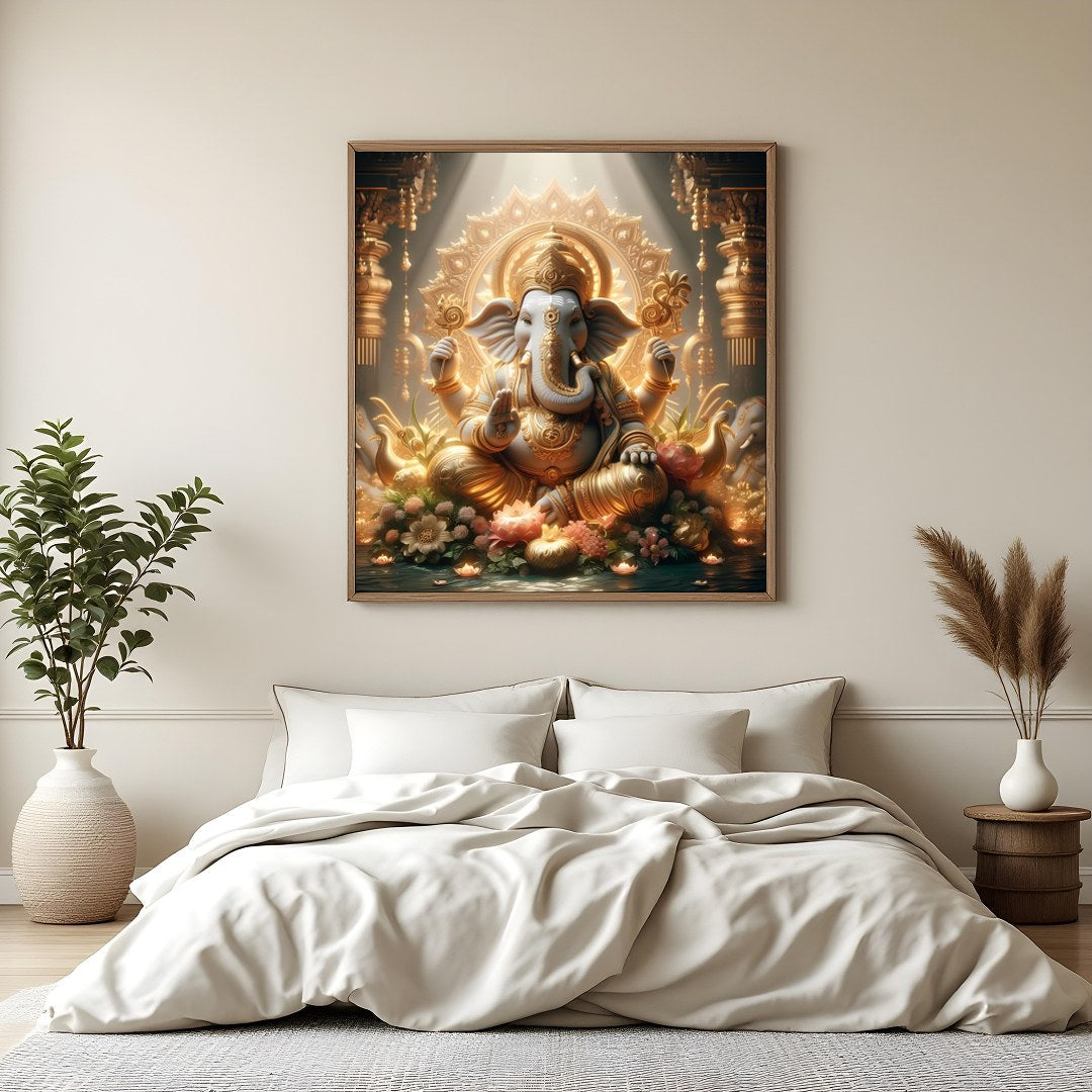 This exquisite artwork captures the divine presence of Lord Ganesha, enveloped in a heavenly golden for Bedroom