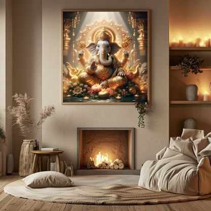 This exquisite artwork captures the divine presence of Lord Ganesha, enveloped in a heavenly golden for Hall